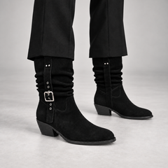 Black Suede Eyelet Strap Mid-Calf Boots