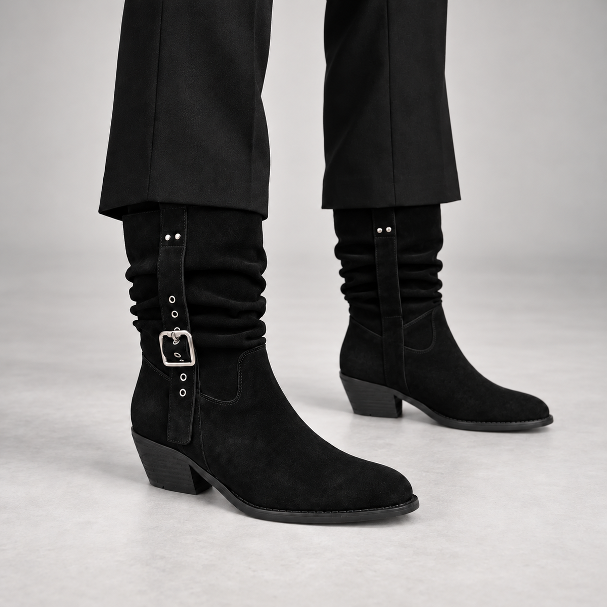 Black Suede Eyelet Strap Mid-Calf Boots