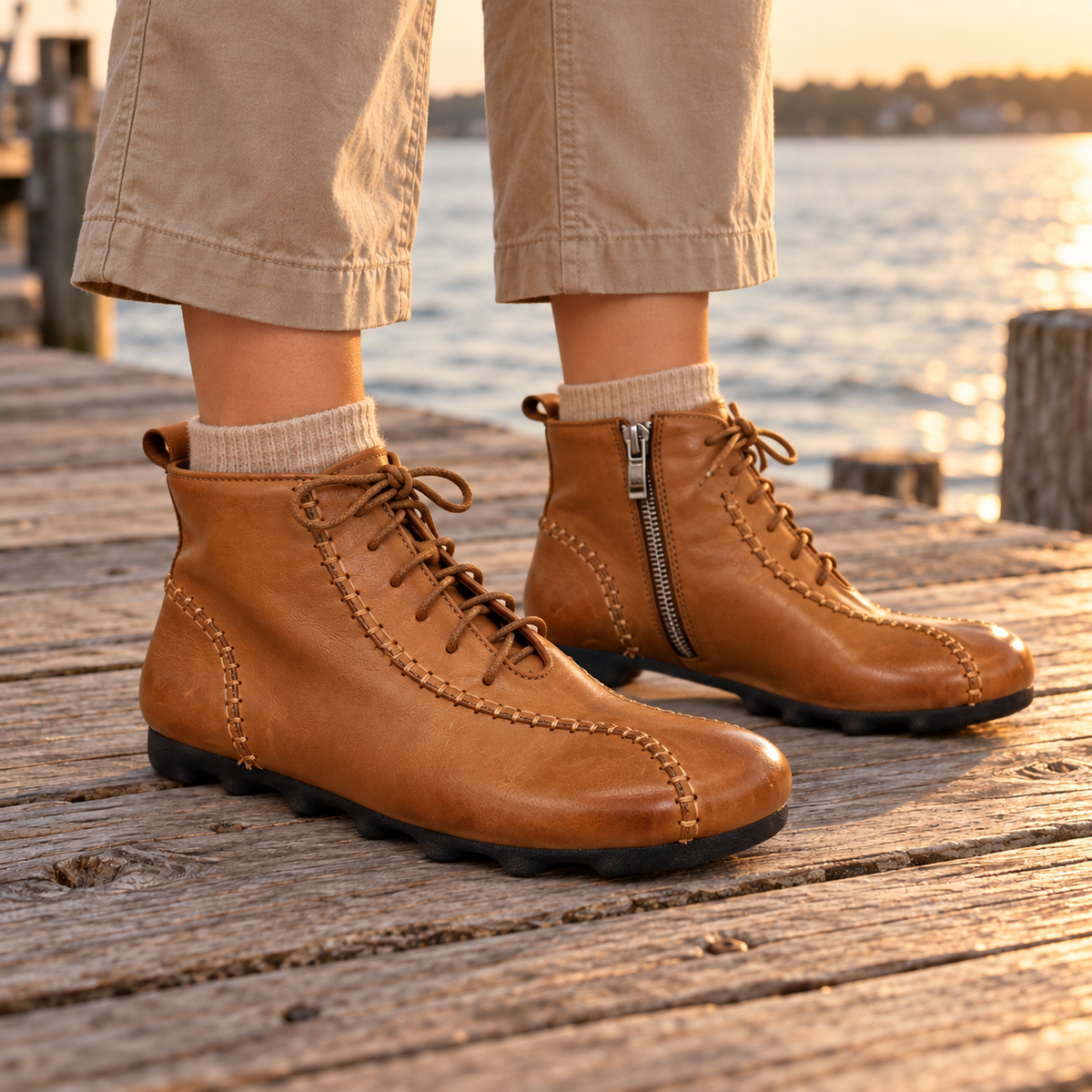 Tan Washed Cowhide Whipstitch Lace-Up Ankle Boots