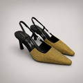 Gold slingback pump pair three-quarter view showing a pointed toe and double slingback straps