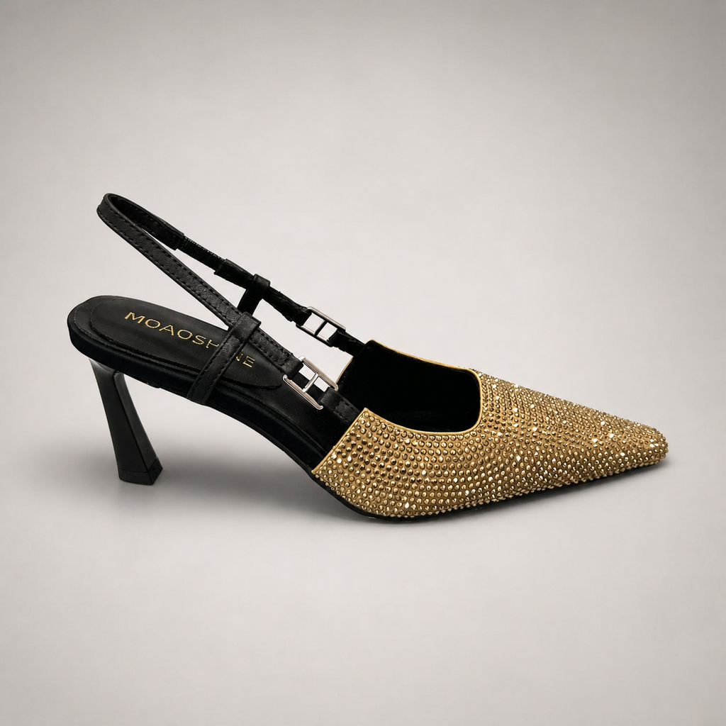 Gold slingback pump side profile showing a pointed toe and double slingback straps