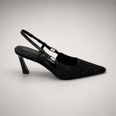 Black slingback pump side profile showing a pointed toe and double slingback straps