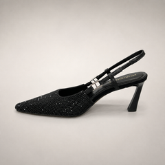 Black slingback pump opposite side profile showing a pointed toe and double slingback straps
