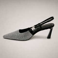 Gray slingback pump side profile showing a pointed toe and double slingback straps