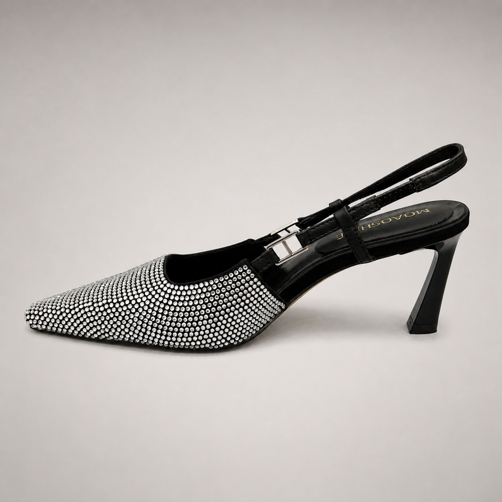 Gray slingback pump side profile showing a pointed toe and double slingback straps
