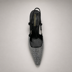 Gray slingback pump top view showing a pointed toe and double slingback straps