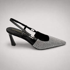Gray slingback pump opposite side profile showing a pointed toe and double slingback straps