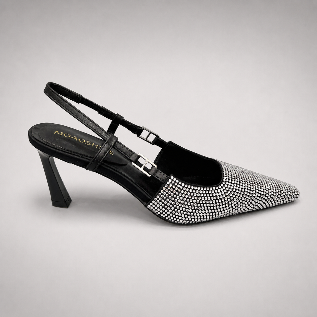 Gray slingback pump opposite side profile showing a pointed toe and double slingback straps