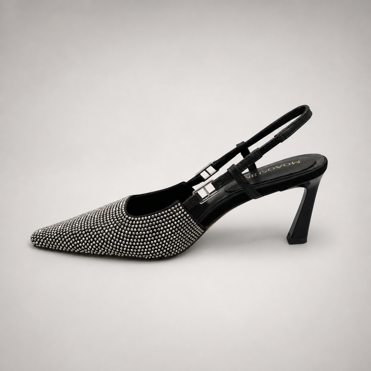 Gray slingback pump opposite side profile showing a pointed toe and double slingback straps