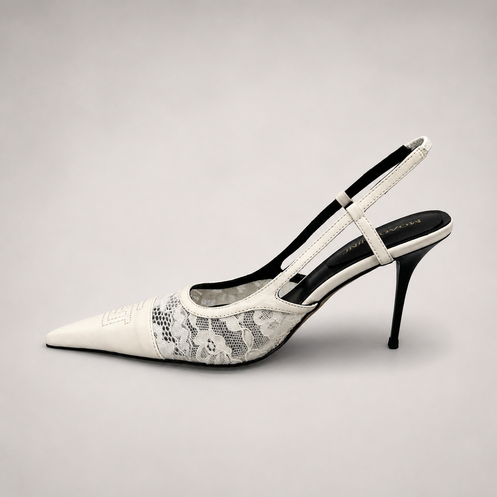 White slingback pump opposite side profile showing a pointed toe and lace-panel upper