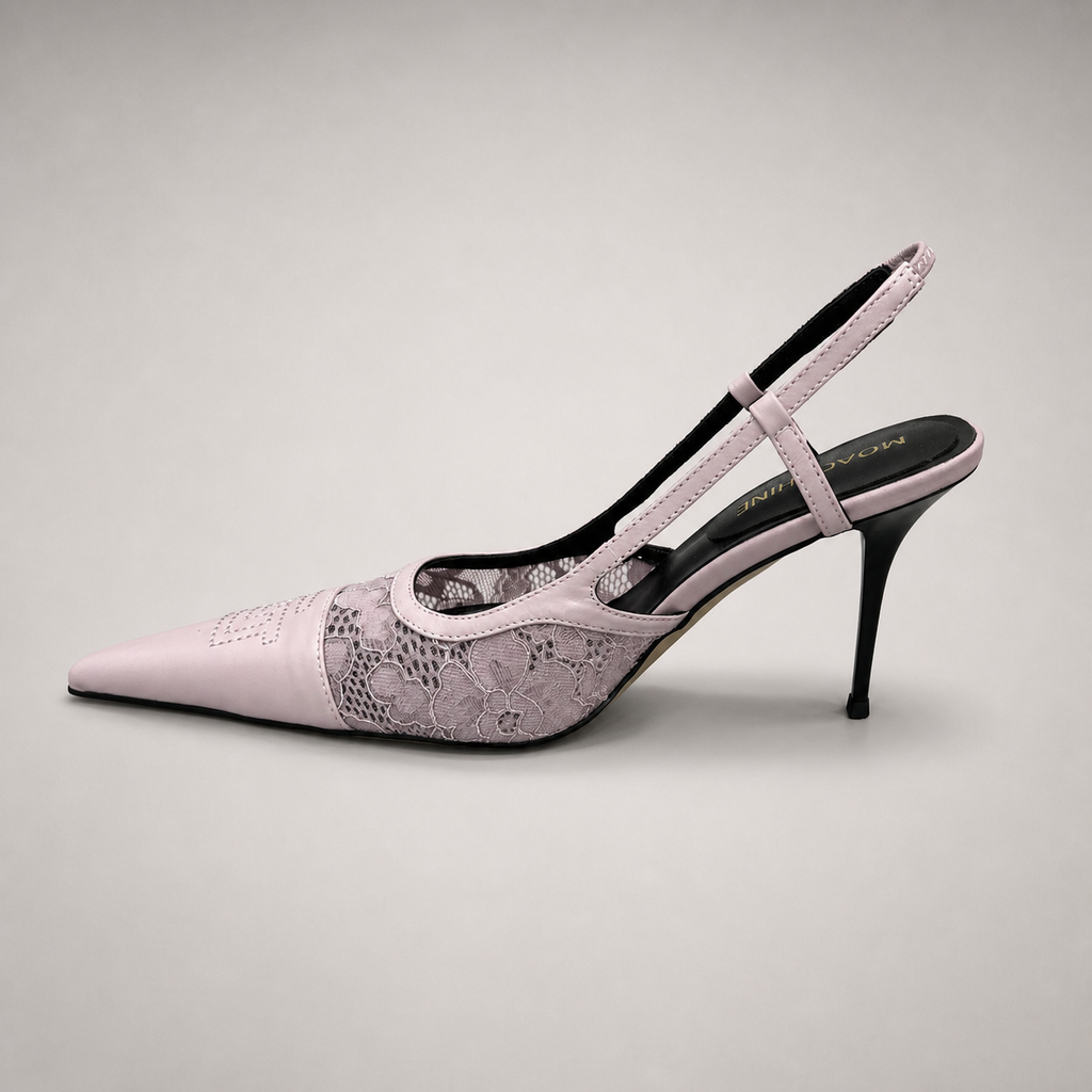 Pink slingback pump opposite side profile showing a pointed toe and lace-panel upper