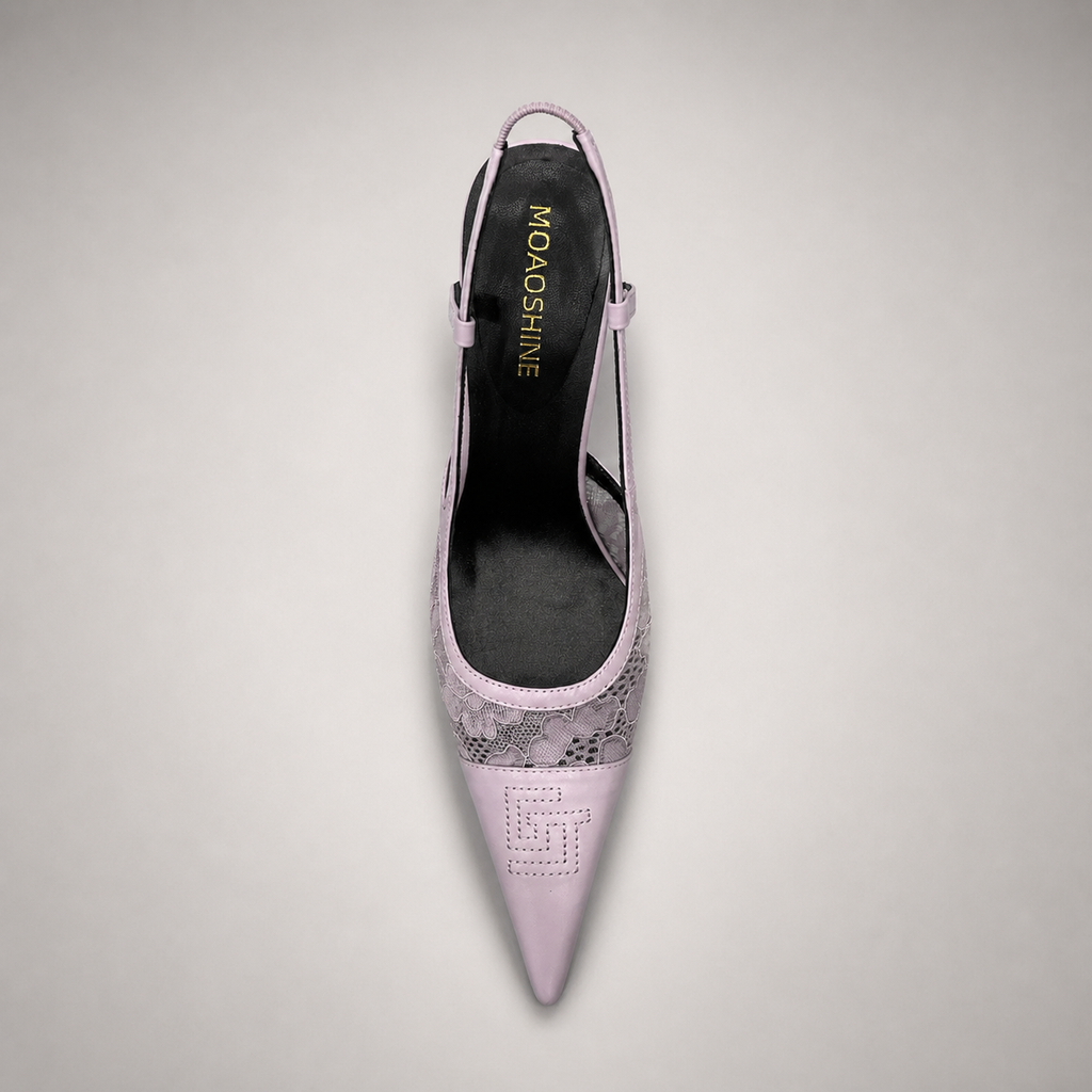 Pink slingback pump rear view showing a pointed toe and lace-panel upper