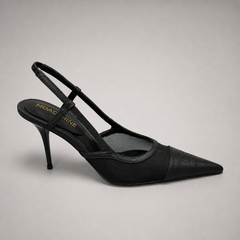 Black slingback pump side profile showing a pointed toe and lace-panel upper
