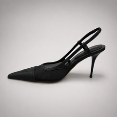 Black slingback pump opposite side profile showing a pointed toe and lace-panel upper
