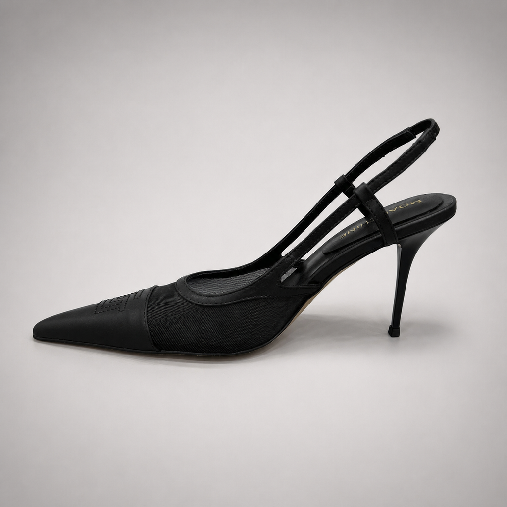 Black slingback pump opposite side profile showing a pointed toe and lace-panel upper