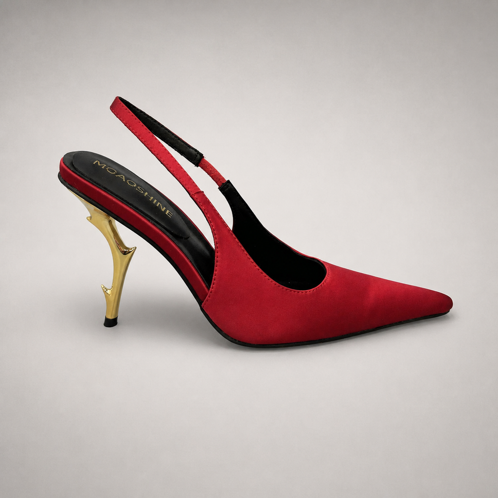 Red slingback pump side profile showing a pointed toe and sculpted heel