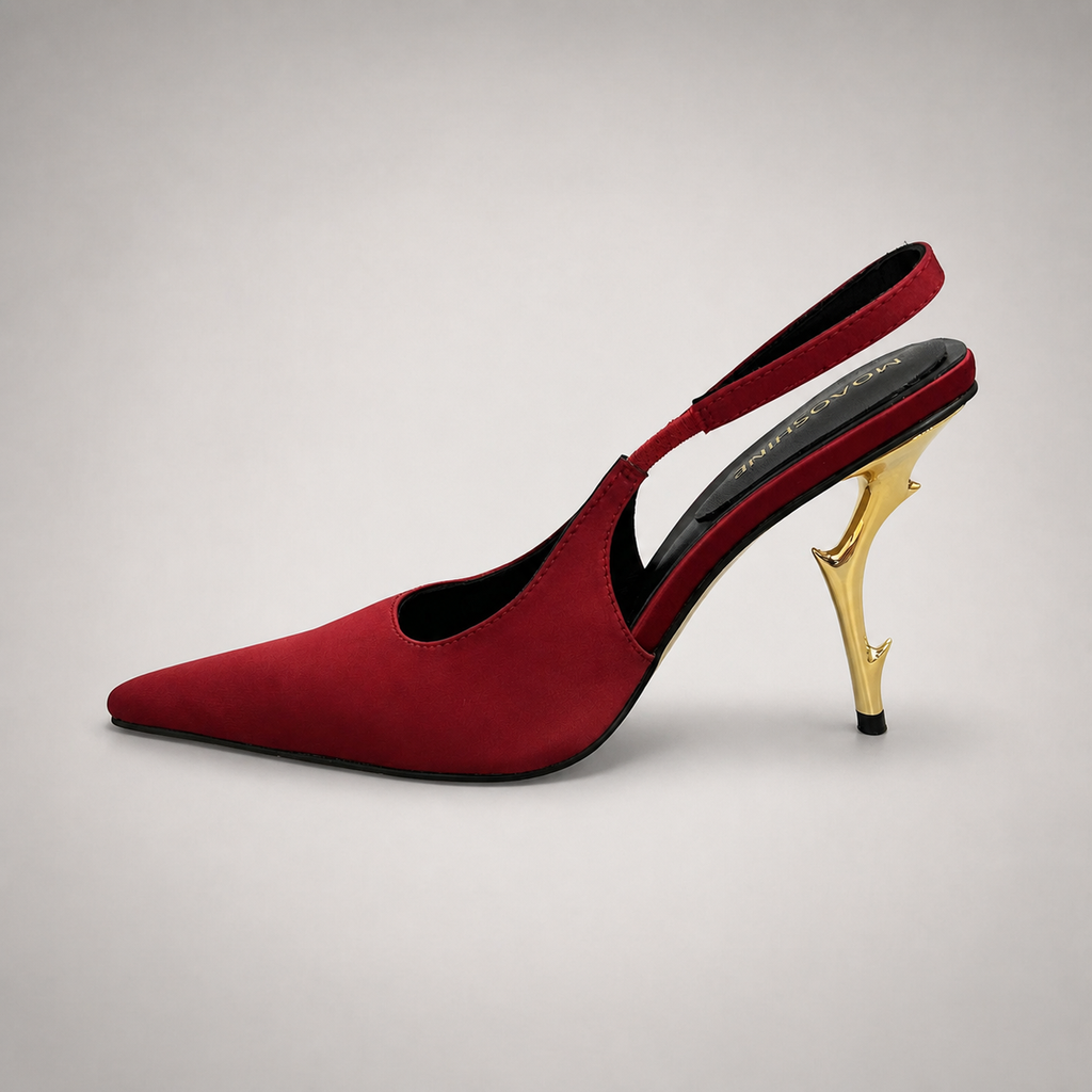 Red slingback pump opposite side profile showing a pointed toe and sculpted heel