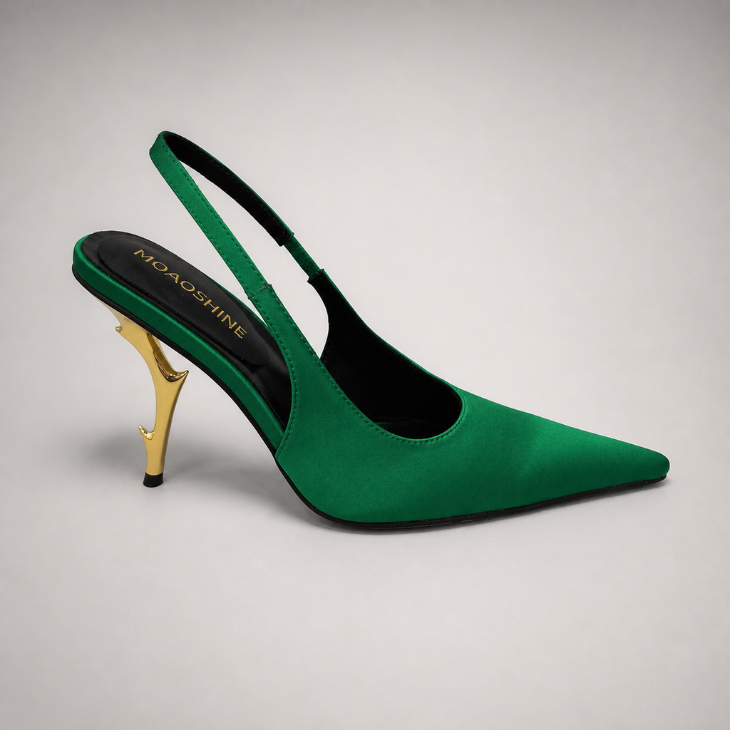 Green slingback pump side profile showing a pointed toe and sculpted heel