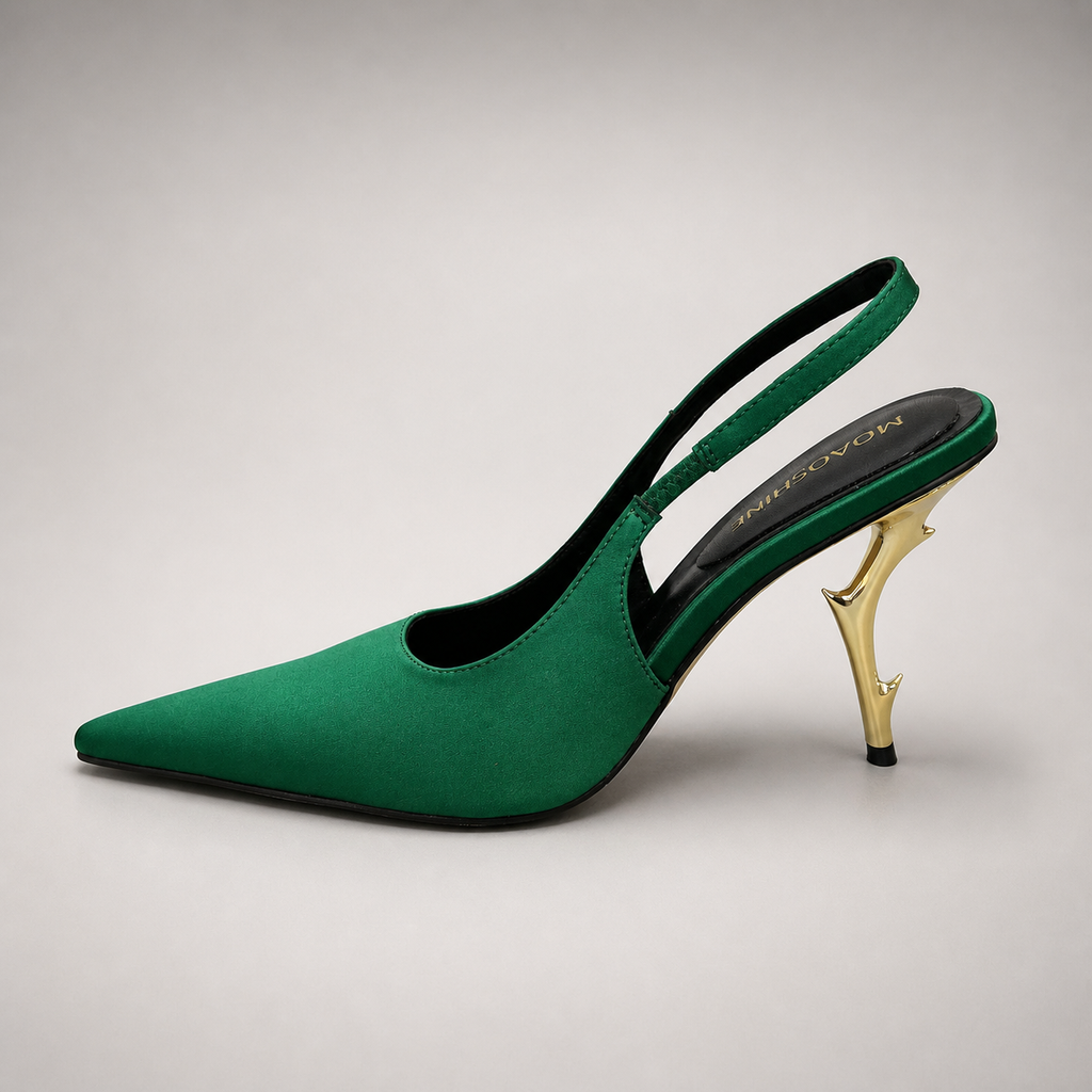 Green slingback pump opposite side profile showing a pointed toe and sculpted heel