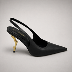 Black slingback pump side profile showing a pointed toe and sculpted heel