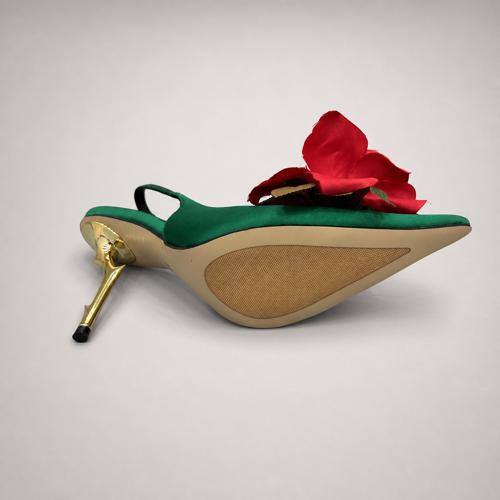 Green slingback pump outsole view showing the cow leather outsole