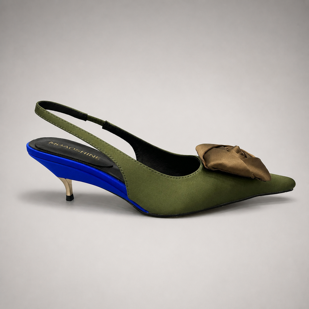 Olive slingback pump side profile showing a pointed toe and bow detail