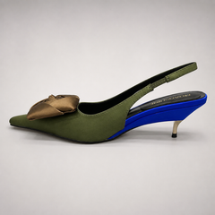 Olive slingback pump opposite side profile showing a pointed toe and bow detail