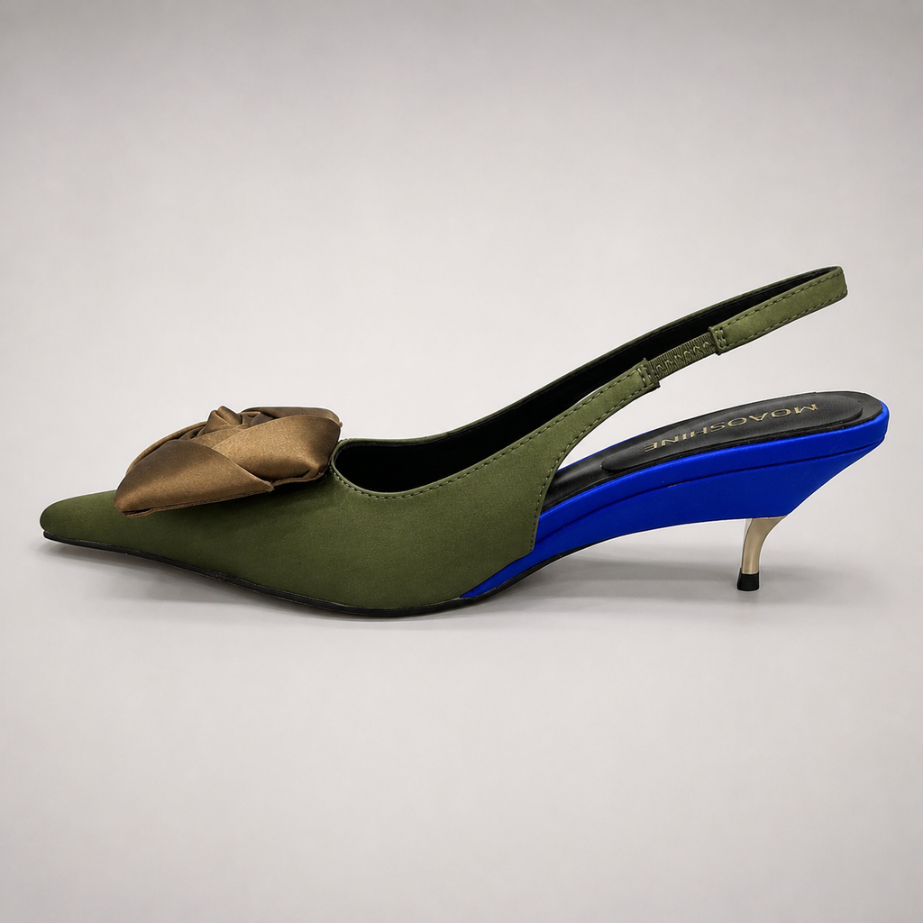 Olive slingback pump opposite side profile showing a pointed toe and bow detail