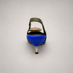 Olive slingback pump rear view showing a pointed toe and bow detail