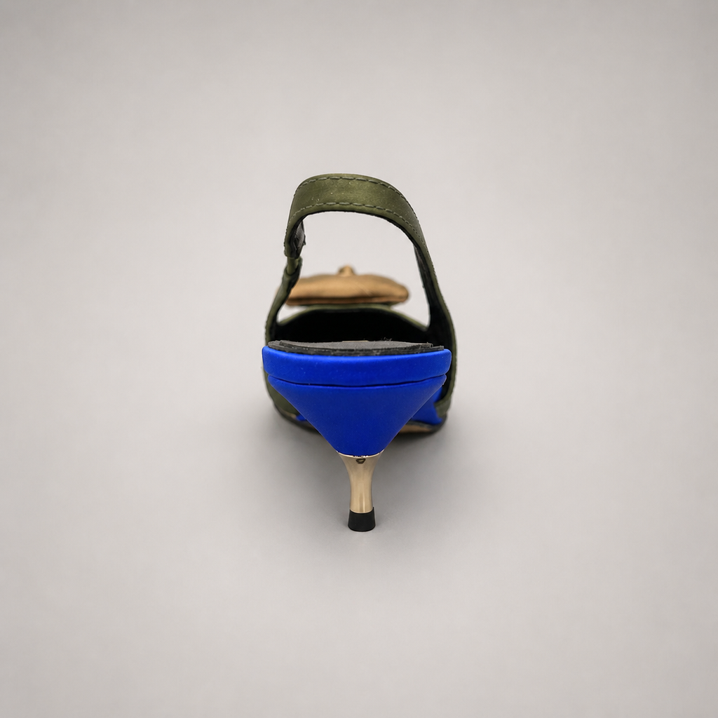 Olive slingback pump rear view showing a pointed toe and bow detail
