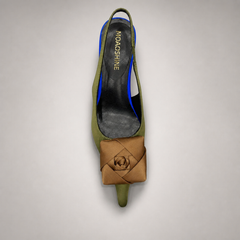 Olive slingback pump top view showing a pointed toe and bow detail