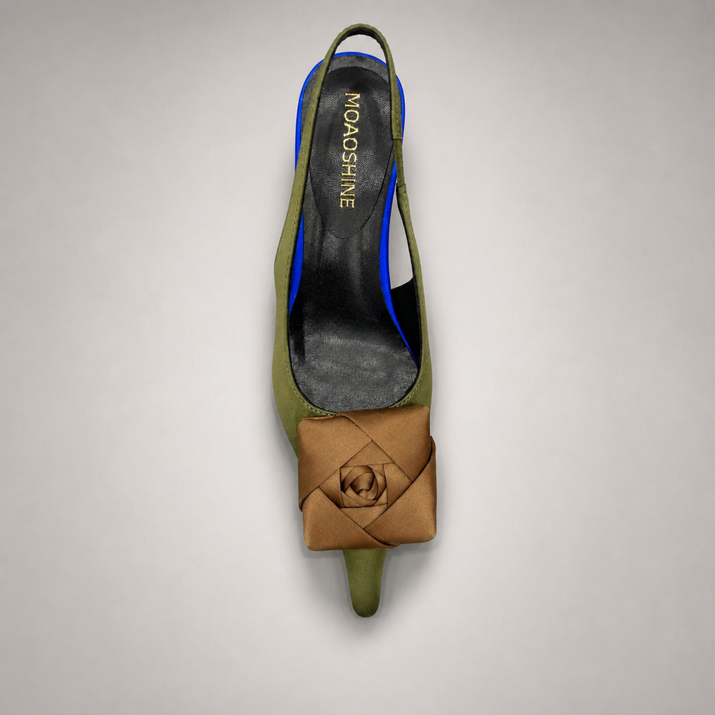 Olive slingback pump top view showing a pointed toe and bow detail