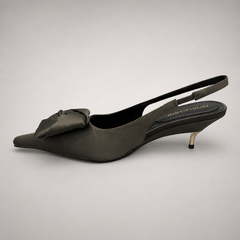 Gray slingback pump opposite side profile showing a pointed toe and bow detail