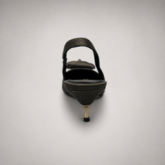 Gray slingback pump rear view showing a pointed toe and bow detail