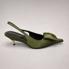 Olive slingback pump side profile showing a pointed toe and bow detail