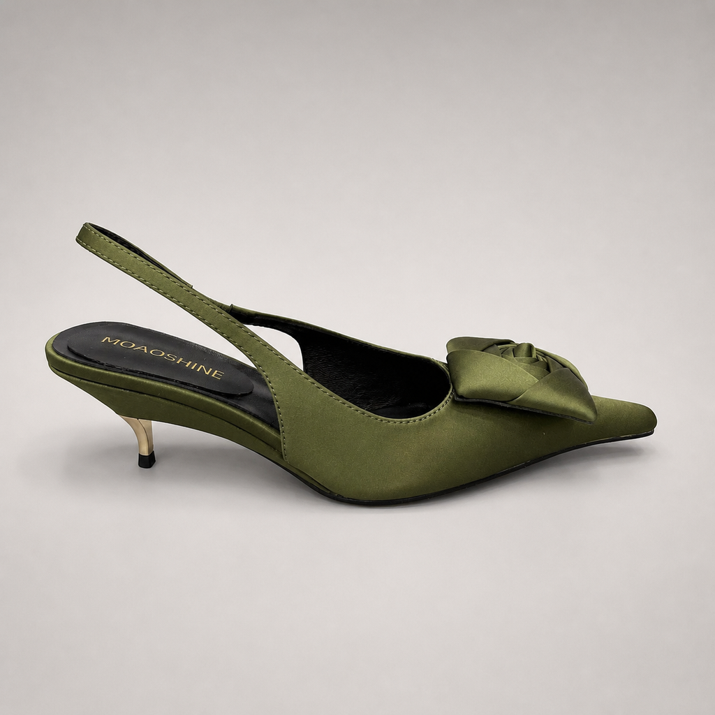 Olive slingback pump side profile showing a pointed toe and bow detail