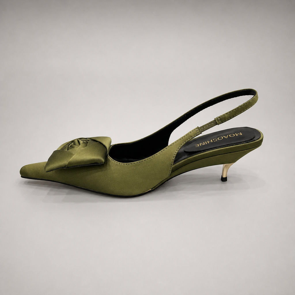 Olive slingback pump opposite side profile showing a pointed toe and bow detail