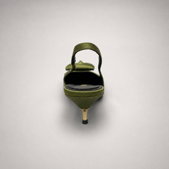 Olive slingback pump rear view showing a pointed toe and bow detail