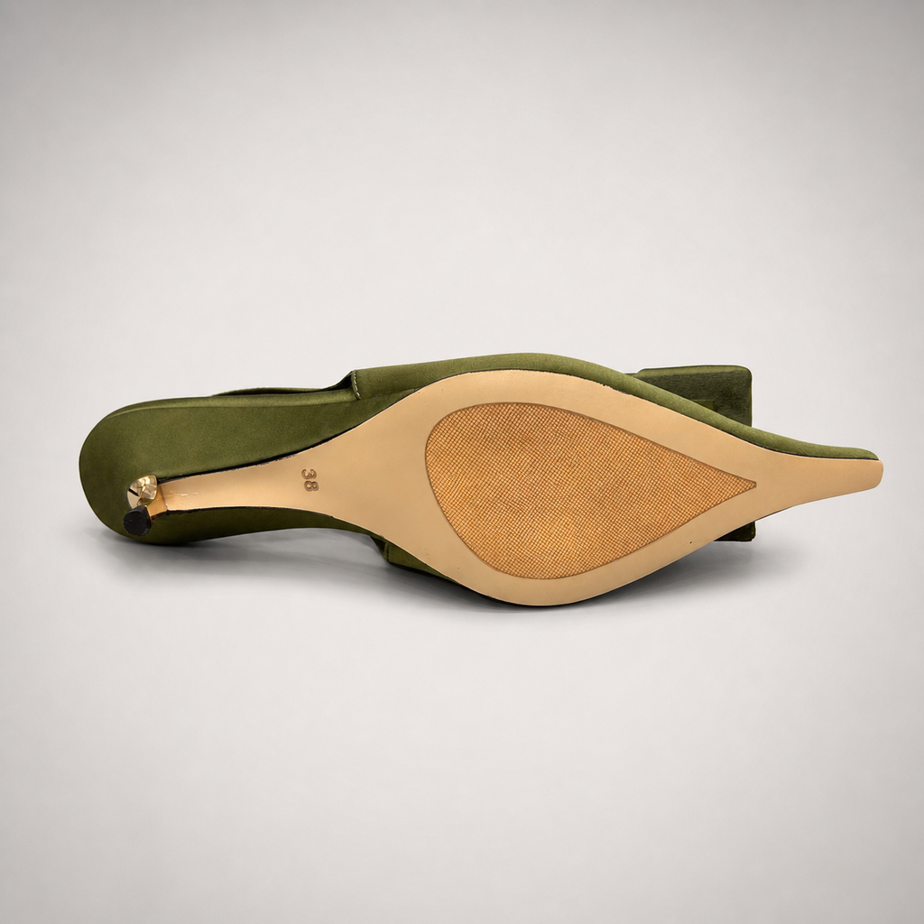 Olive slingback pump top view showing a pointed toe and bow detail