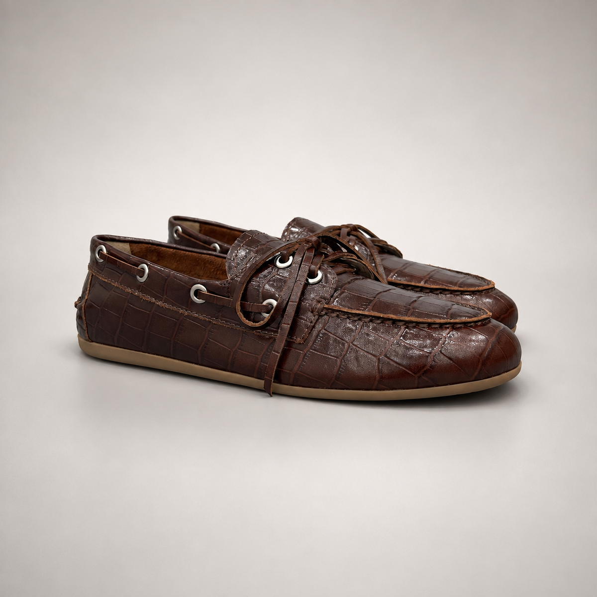 Dark Brown boat shoe pair three-quarter view