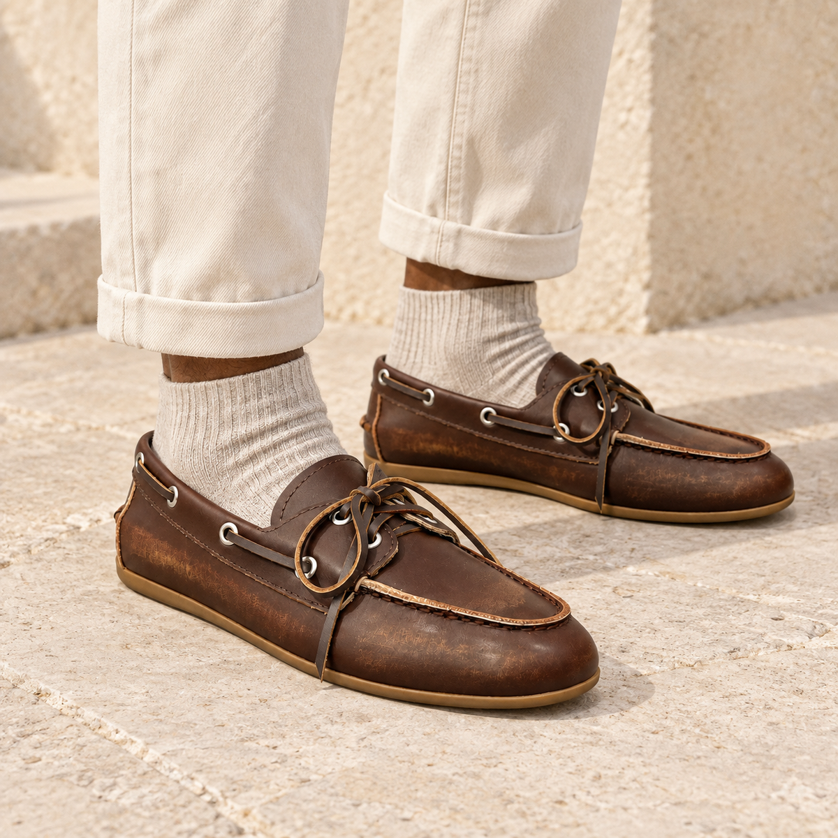 Brown top-grain leather boat shoes worn with ivory cropped trousers and ribbed socks
