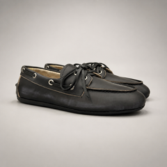 Black boat shoe pair three-quarter view