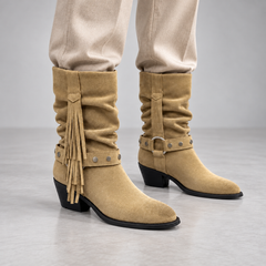 Taupe Suede Fringe Mid-Calf Boots