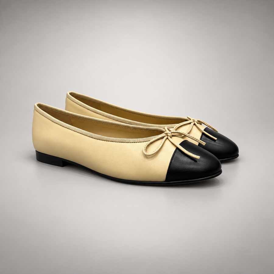 Butter yellow and black cap-toe ballet flats, product view