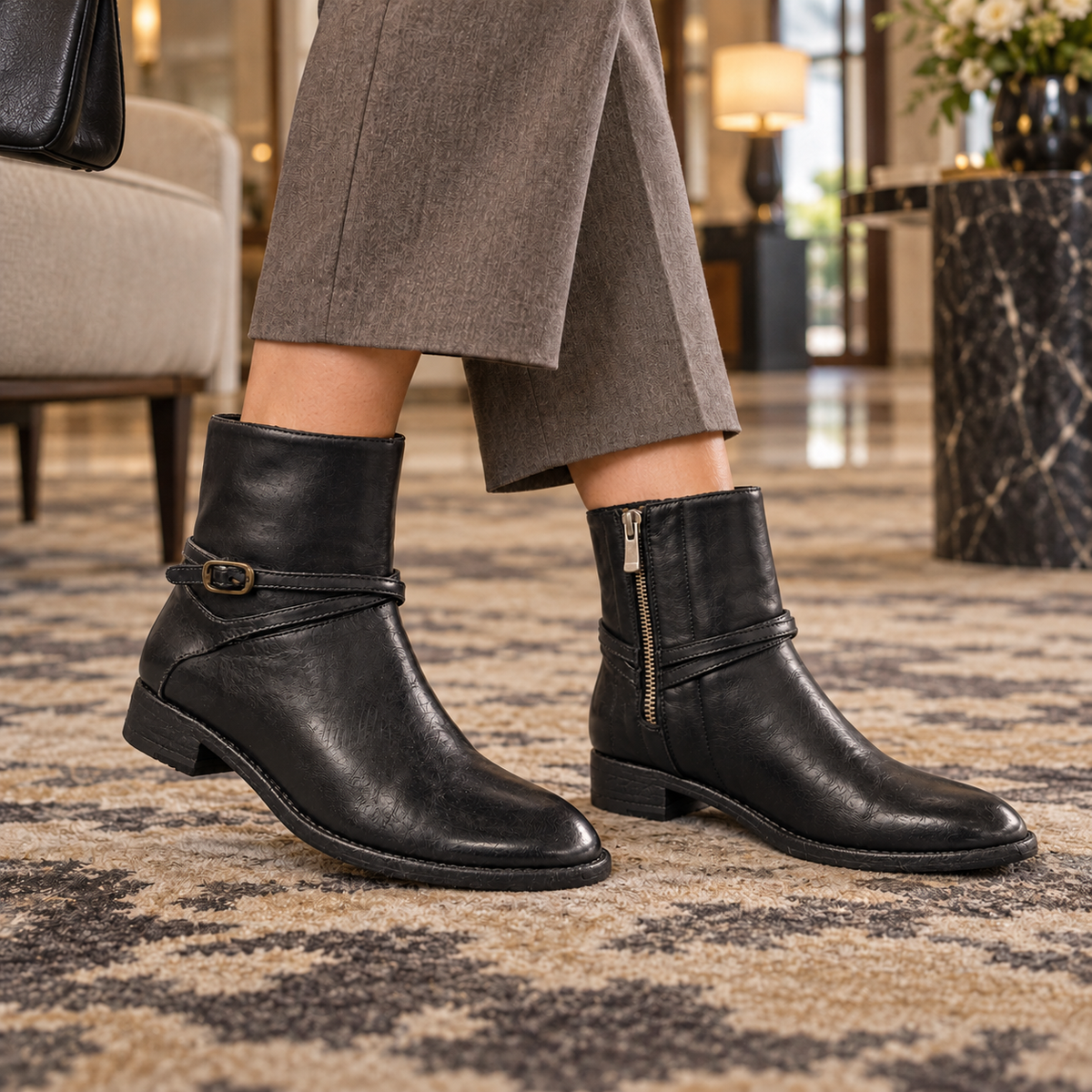 Black Washed Horse Leather Wraparound Buckle Ankle Boots