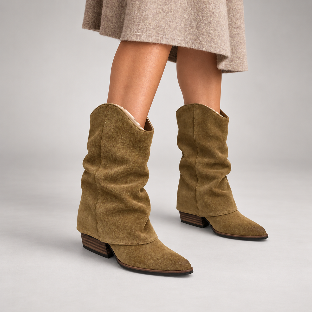 Khaki Taupe Slouch Suede Block-Heel Mid-Calf Boots