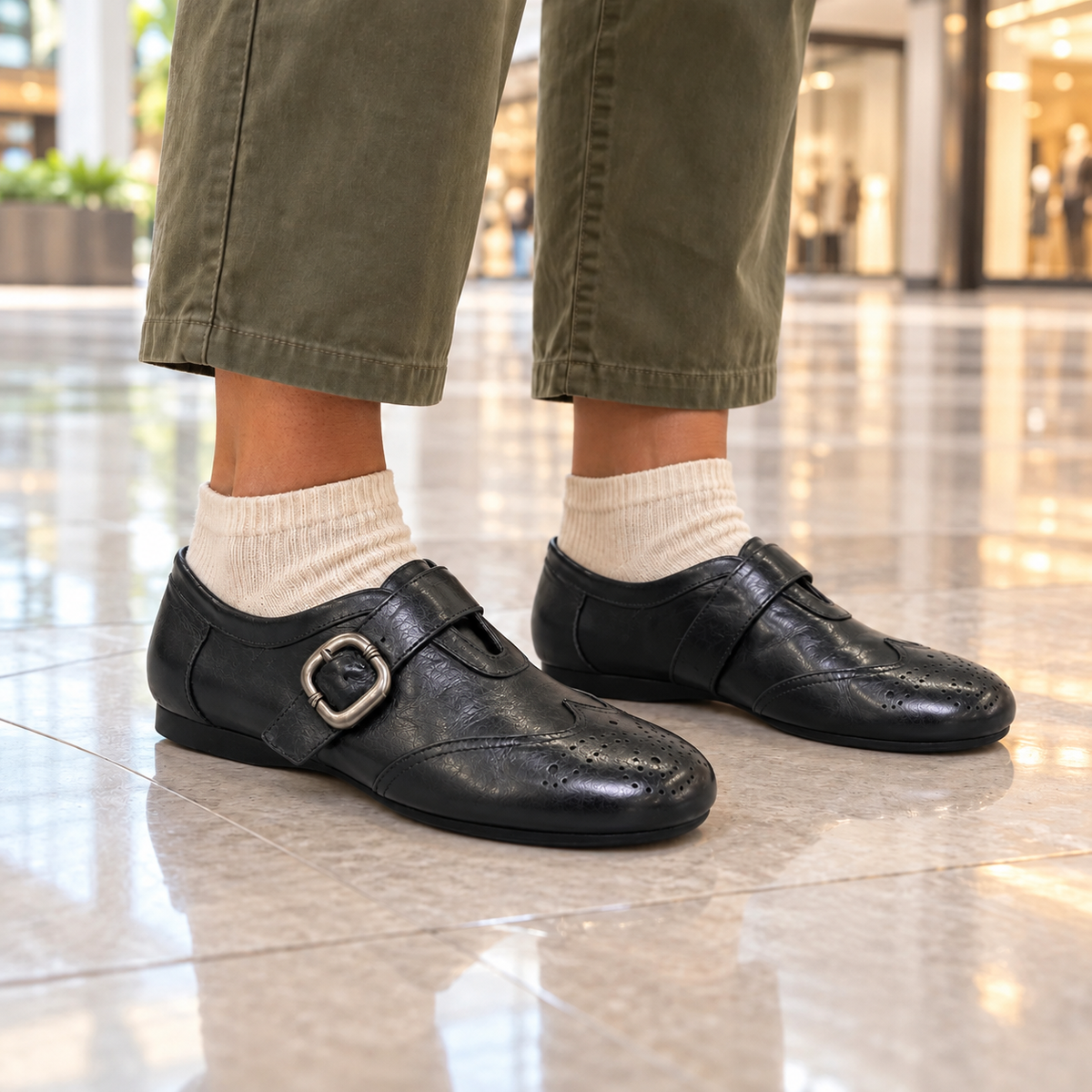 Black Washed Cowhide Brogue Strap Flats