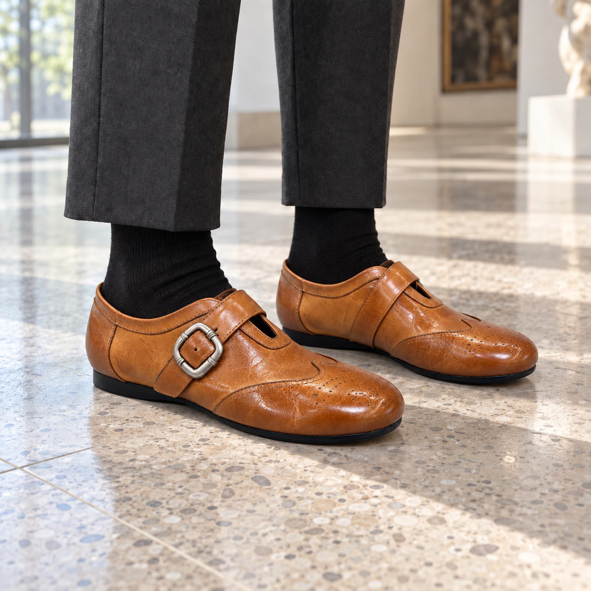 Tan Washed Cowhide Brogue Strap Flats