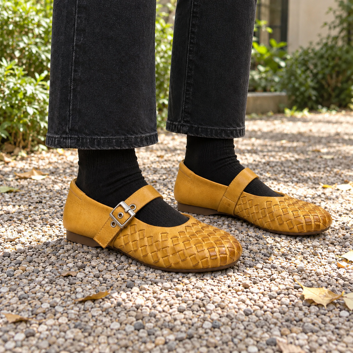 Tan Washed Cowhide Woven Mary Jane Flats