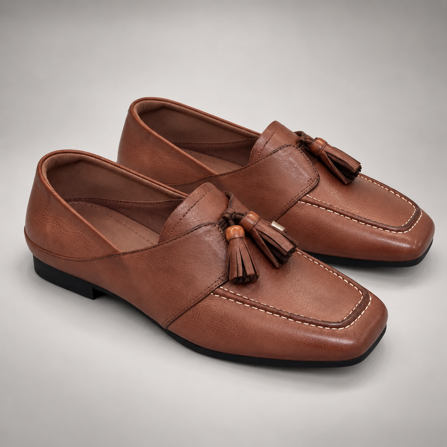 Brown Washed Cowhide Tassel Loafers